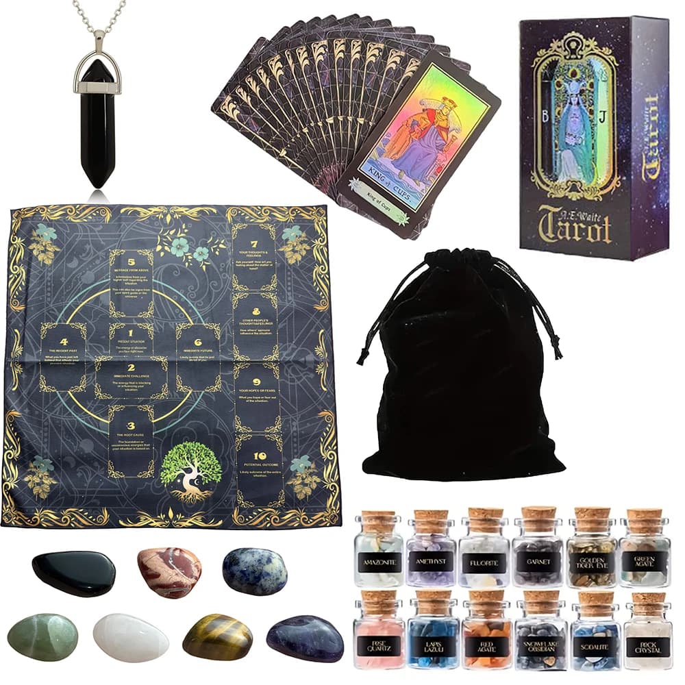 Tovaglia tarocchi Set 1 Set 78 carte tarocchi 12 mini vasi di cristallo 7 Chakra 1 Tovaglia tarocchi 1 Accessorio pendente 1 Borsa portaoggetti
