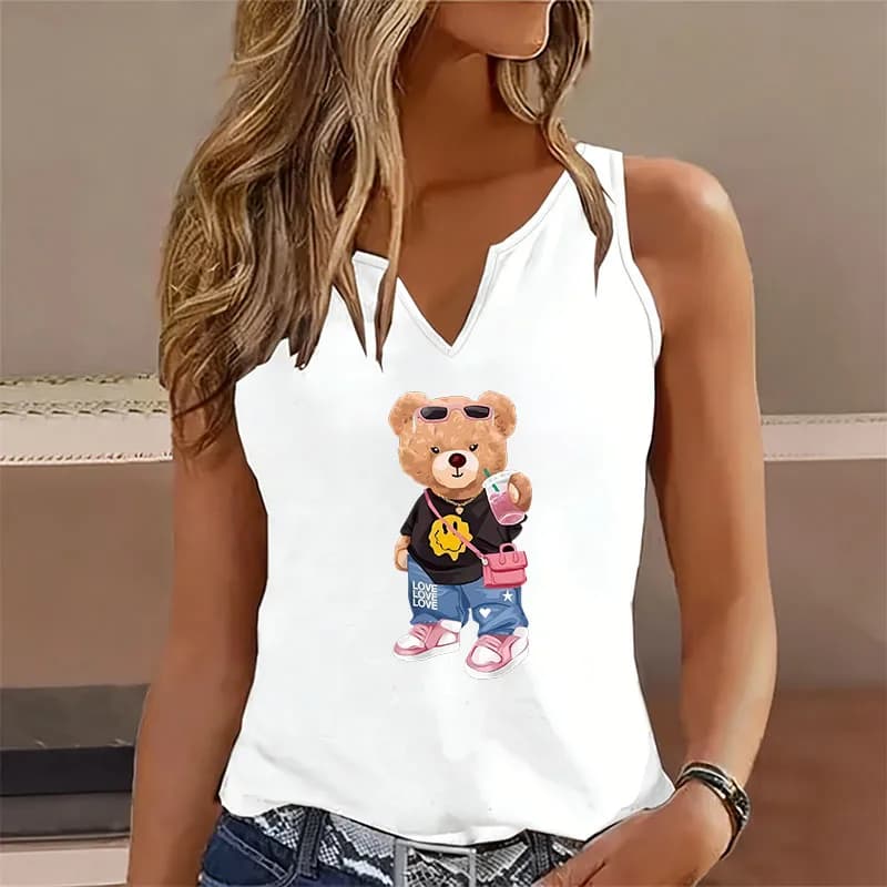 Canotta Trendy Bear con Scollo a V, T-shirt Casual alla Moda Y2K Senza Maniche, Maglietta a Maniche Corte da Donna con Scollo a V