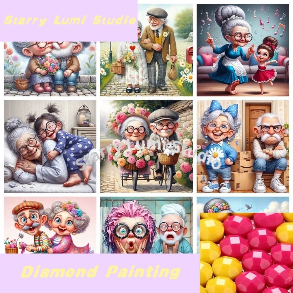 Pittura Diamante 5D Fai da Te Nonno e Nonna Cartone Animato, Mosaico Artistico Punto Croce, Ricamo Completo, Decorazione Casa, Regalo per Bambini