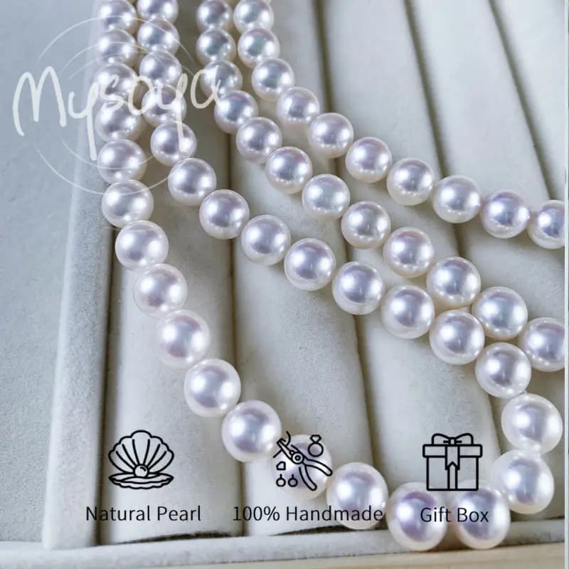 MYSOYA Japan Akoya Sea Pearl Necklace 8-8.5 mm S925 Buckle with silver bow with gift box for her/he for wedding birthday