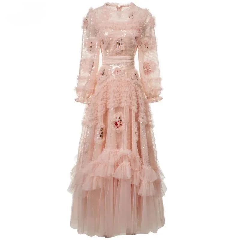 Abito da donna alla moda con paillettes rosa, fiori tridimensionali e bordo arricciato, girocollo, maniche lunghe, lunghezza alla caviglia JDXS