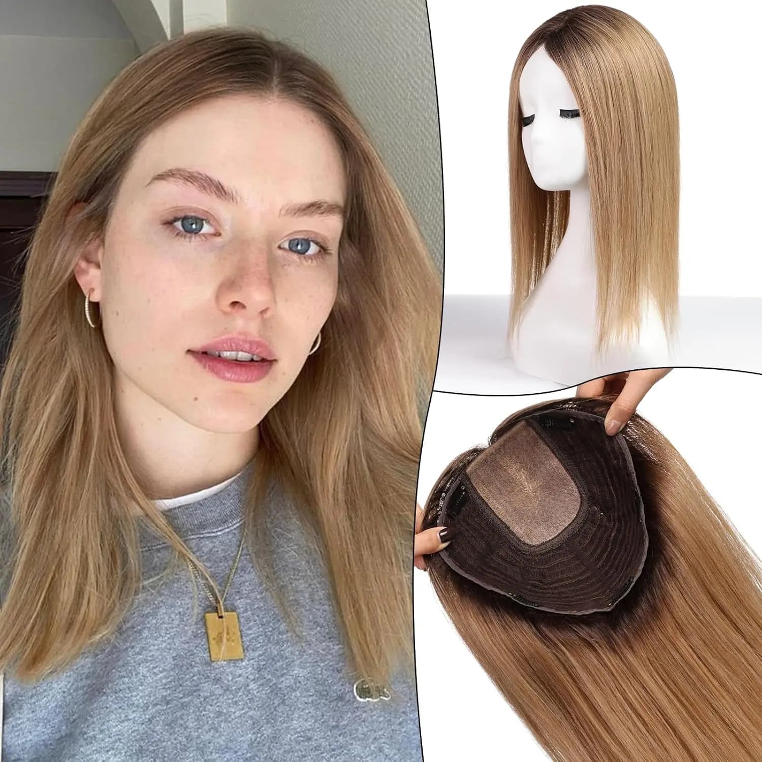 Toppers per capelli da 16 pollici per donna Pezzi di capelli con base grande da 9x9 pollici Toppers per capelli umani Ombre castano cenere con clip antiscivolo multiple