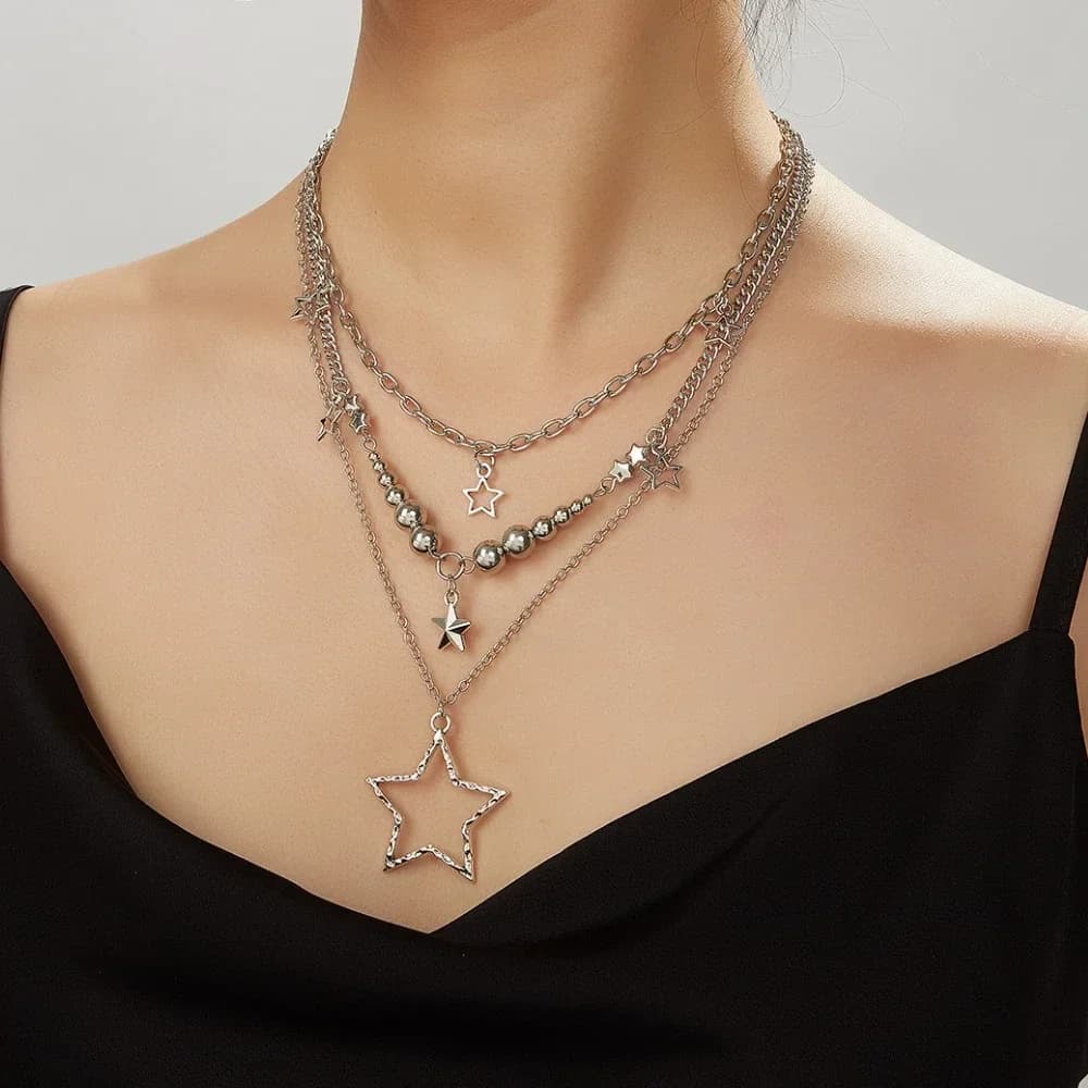 Collana Trendy Y2K con Ciondolo a Stella, Stile Gotico Vintage, Semplice, a Strati Multipli, con Catena in Metallo, Gioielli Statement da Donna, Regalo JUI