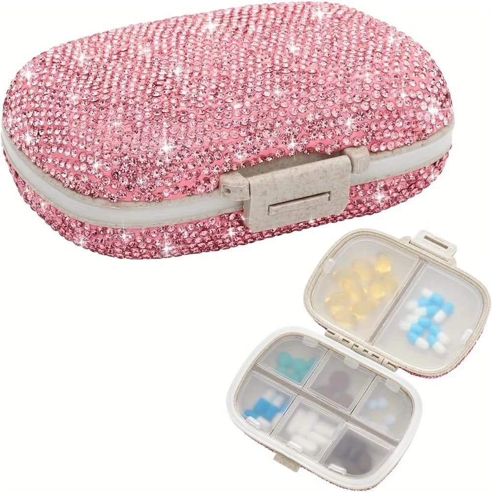Portapillole Bling con 8 scomparti Portapillole portatile Contenitore per pillole piccolo con diamanti in cristallo Contenitore per pillole quotidiano