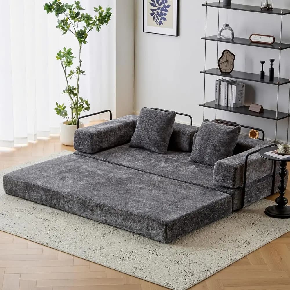 Divano letto trasformabile a forma fissa 77 grigio con rivestimento in ciniglia e 2 cuscini, comodo per il soggiorno, pronto a U
