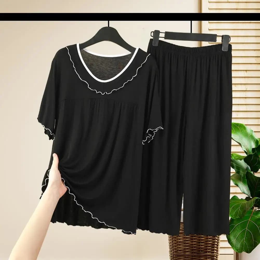 Breathable Women's Two Piece Pajama Set, Crew Neck Short Sleeve Shirts With Matching Wide Leg Pants, Summer Casual Sleepwear