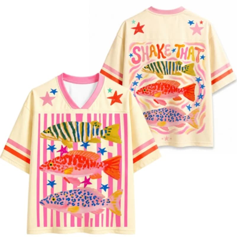 T-shirt in jersey con stampa 3D di pesci tropicali, stile artistico divertente e ampio, per bambini, uomini e donne, con motivo graffiti genitore-figlio e coppia