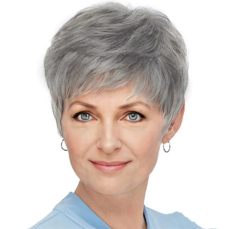 Hair Extensions White Grey Synthetic Wigs for Old Woman Breathable Natural Copricapo Women's Short Ribbed Wig Hat