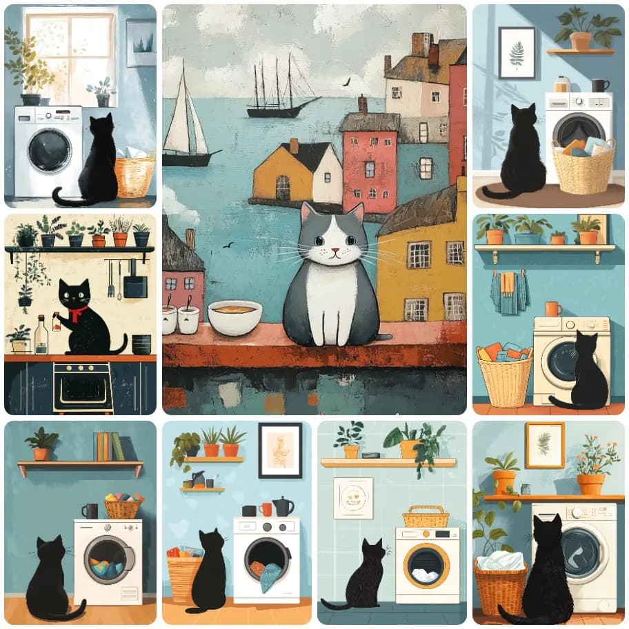 Black White Cat Laundry Kitchen Seaside Town Cozy Home Diamond Painting, Warm Household Pet Wall Decor For Home Living Room