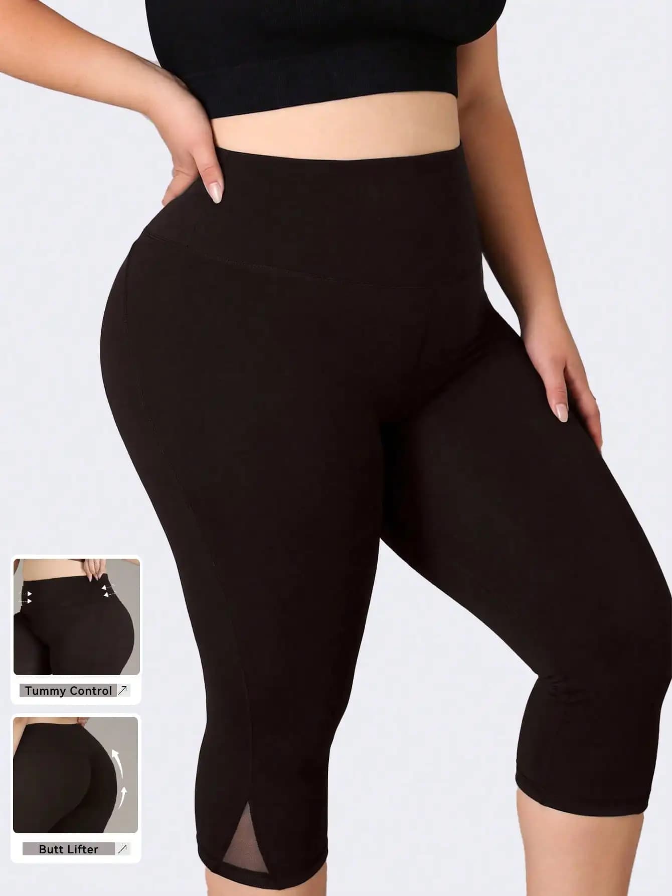 Leggings da palestra Plus Size da donna – Pantaloni Yoga a vita alta con inserti in rete – Capri da allenamento, corsa e fitness – Pantaloni cropped con spacco laterale