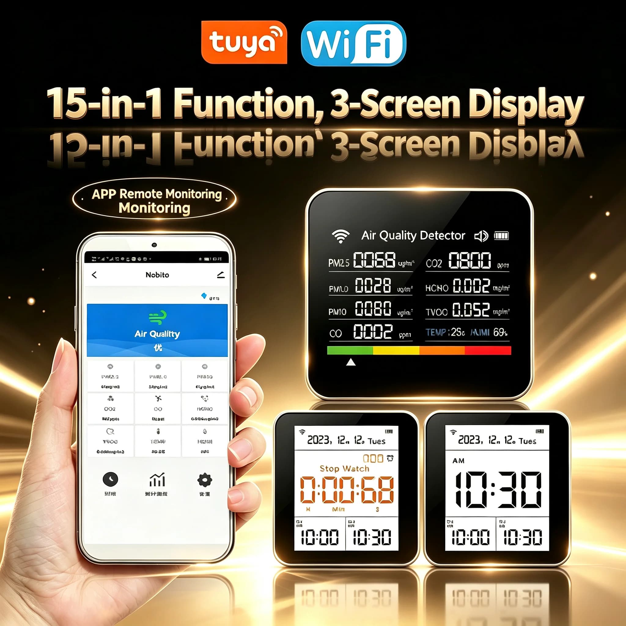 2CO10, TUYA WiFi 15-in-1 CO, CO2, PM2.5 Household Air Quality Detector for Formaldehyde, TVOC, Temperature, Humidity and Air Qua