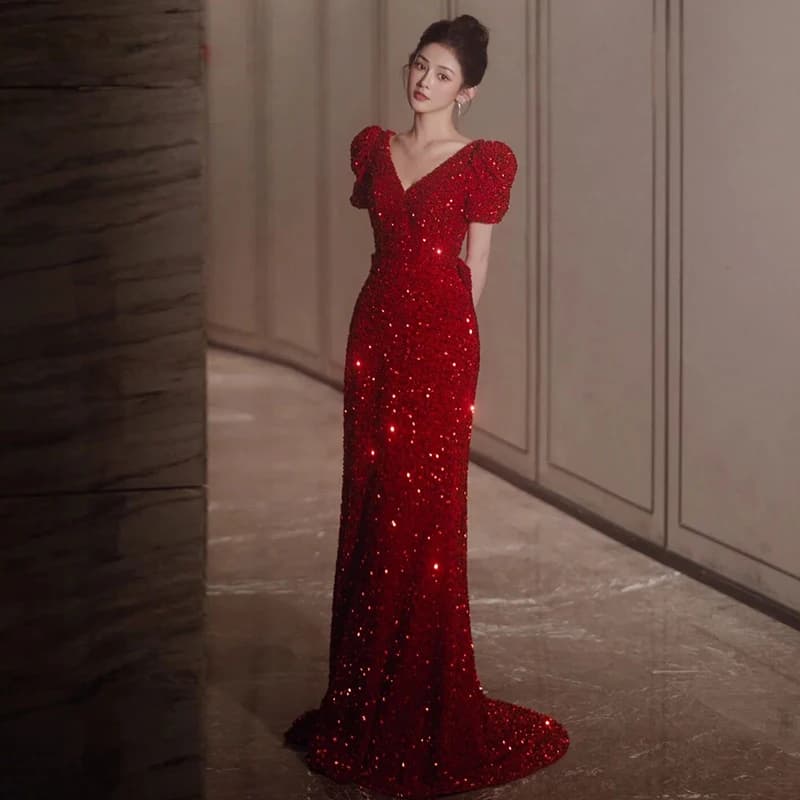 Elegant Fish Tail Wedding Dress Sparkling Sequins Engagement Party Evening Gown Red Wine Color High End Sensation New 2026