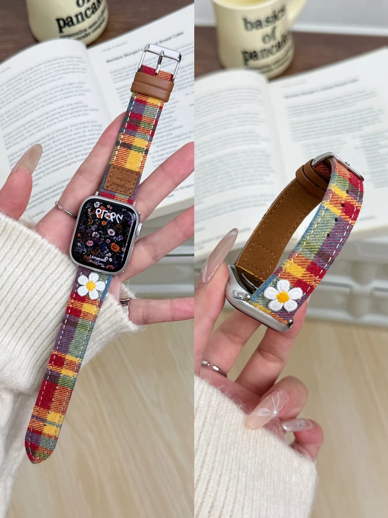 Bellissimo tessuto colorato con passante in pelle per cinturino Apple Watch da donna serie Ultra 11/10/9/8/7 40mm 41mm 42mm 44mm 45mm 46mm cinturino