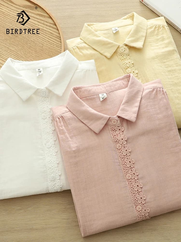 Nuova Camicia Primaverile 2026 da Donna in Cotone a Maniche Lunghe, Colletto Rovesciato con Pizzo, Stile Mori Girl Francese Semplice e Morbido T63126CC