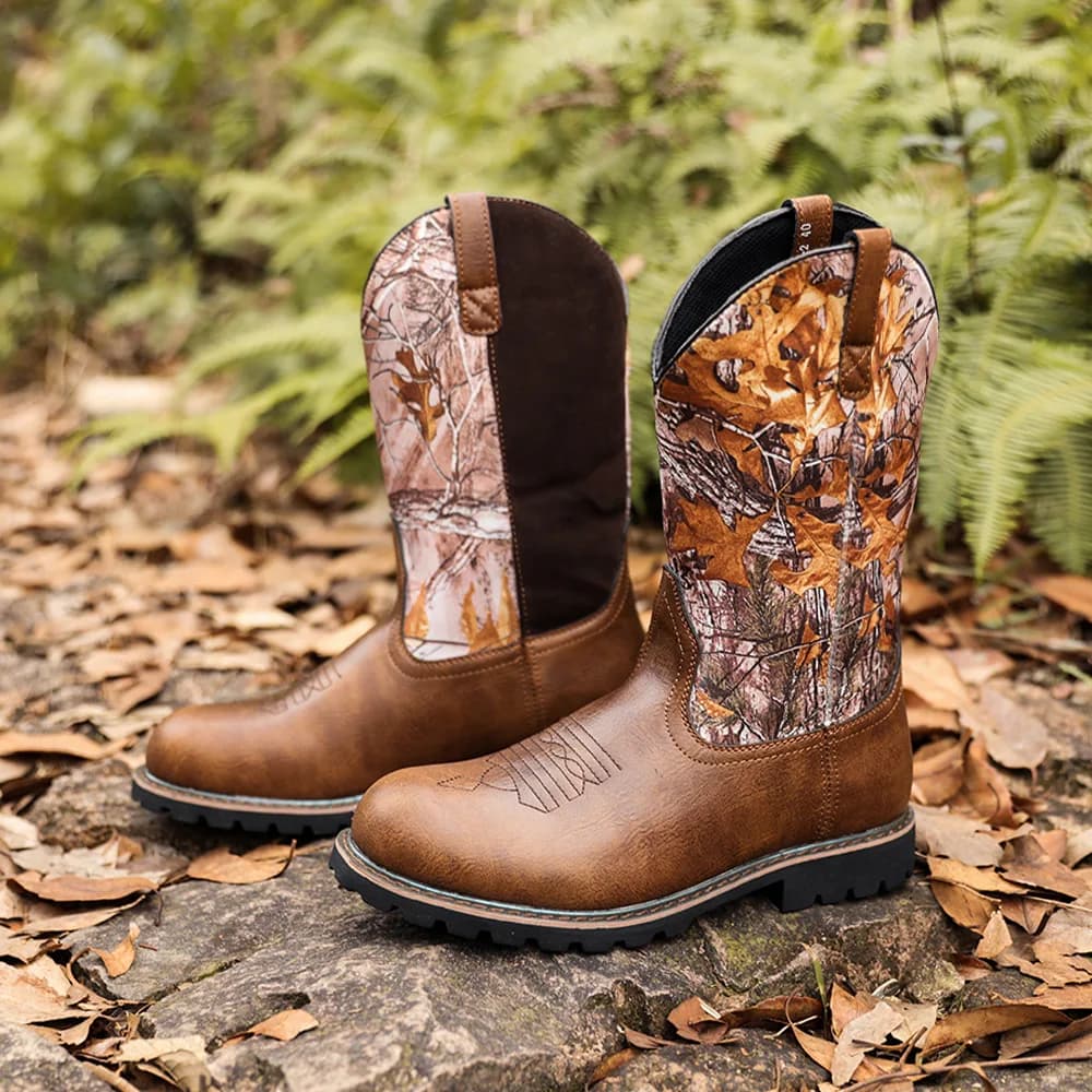 Stivali da cowboy da uomo Stivali western con punta tonda e piede largo con classici stivali slip on durevoli ricamati