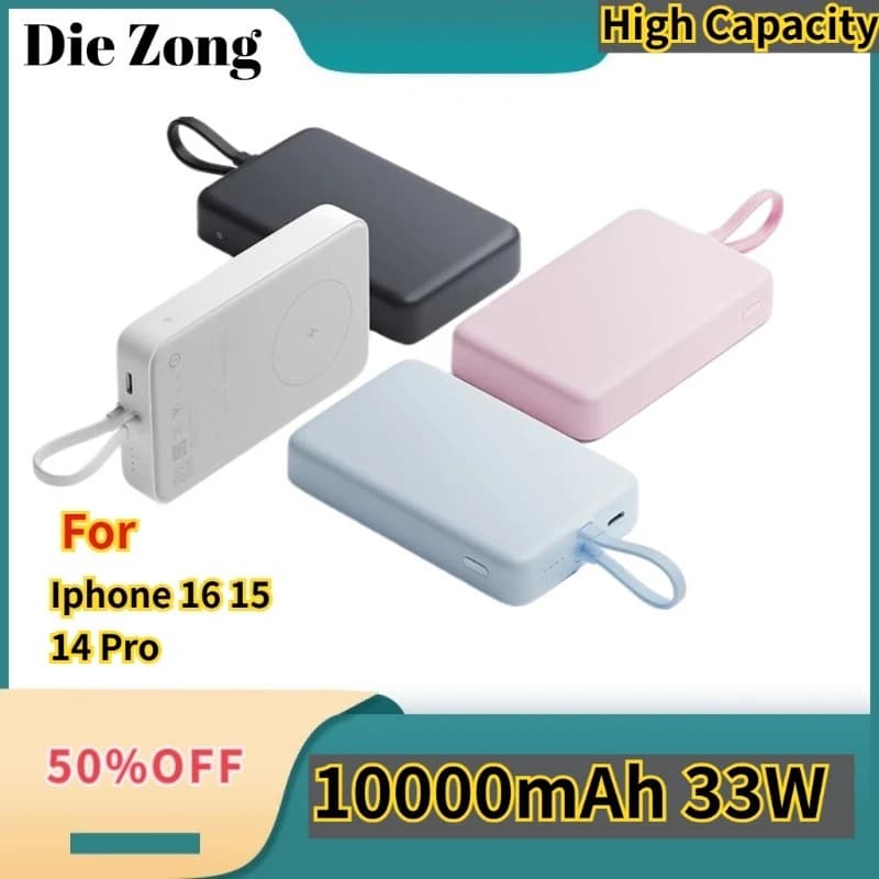 Power Bank Magnetico XIAOMI 10000mAh 33W con Cavo, Ricarica Wireless e Cablata Rapida Type-C per iPhone 16 15 14 Pro