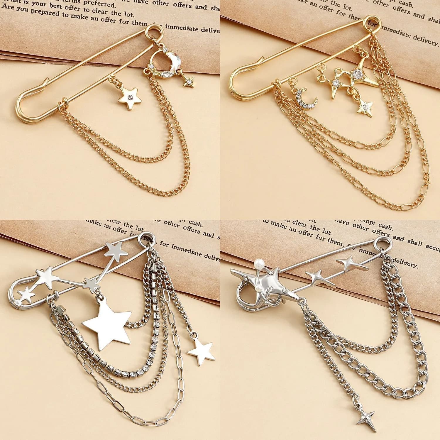 Y2K Celestial Star Moon Safety Pin Brooch, Multi-Layer Tassel Chain Lapel Pin, Gold & Silver Tone Star Decorative Safety Pin, Harajuku Punk Jacket Scarf Fashion Accessory for Women