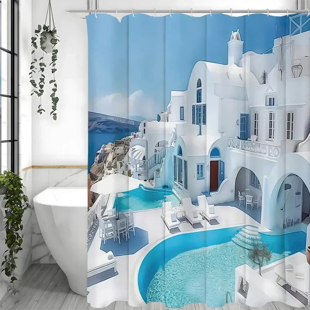 White Architecture in Santorini, Greece Shower Curtains, Bathroom Decorative Shower Curtains, Waterproof Shower Curtains with