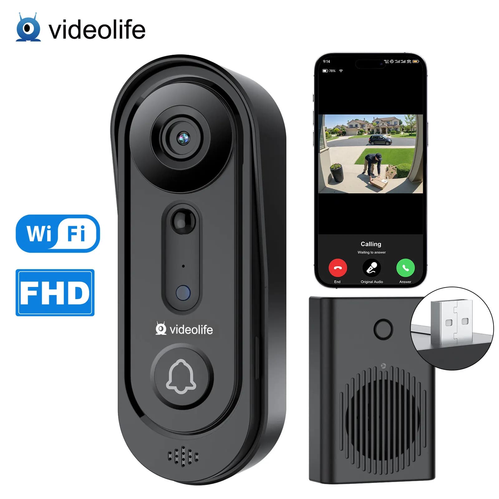 Videolife 1080P Wireless WiFi Video Doorbell Camera Smart Home Security Doorbell Two Way Audio Motion Detection IR Night Vision