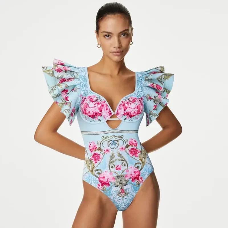 FLAXMAKER Costume da bagno da donna vintage con volant con motivo floreale stampato costume intero e gonna costume da bagno bikini all'ingrosso