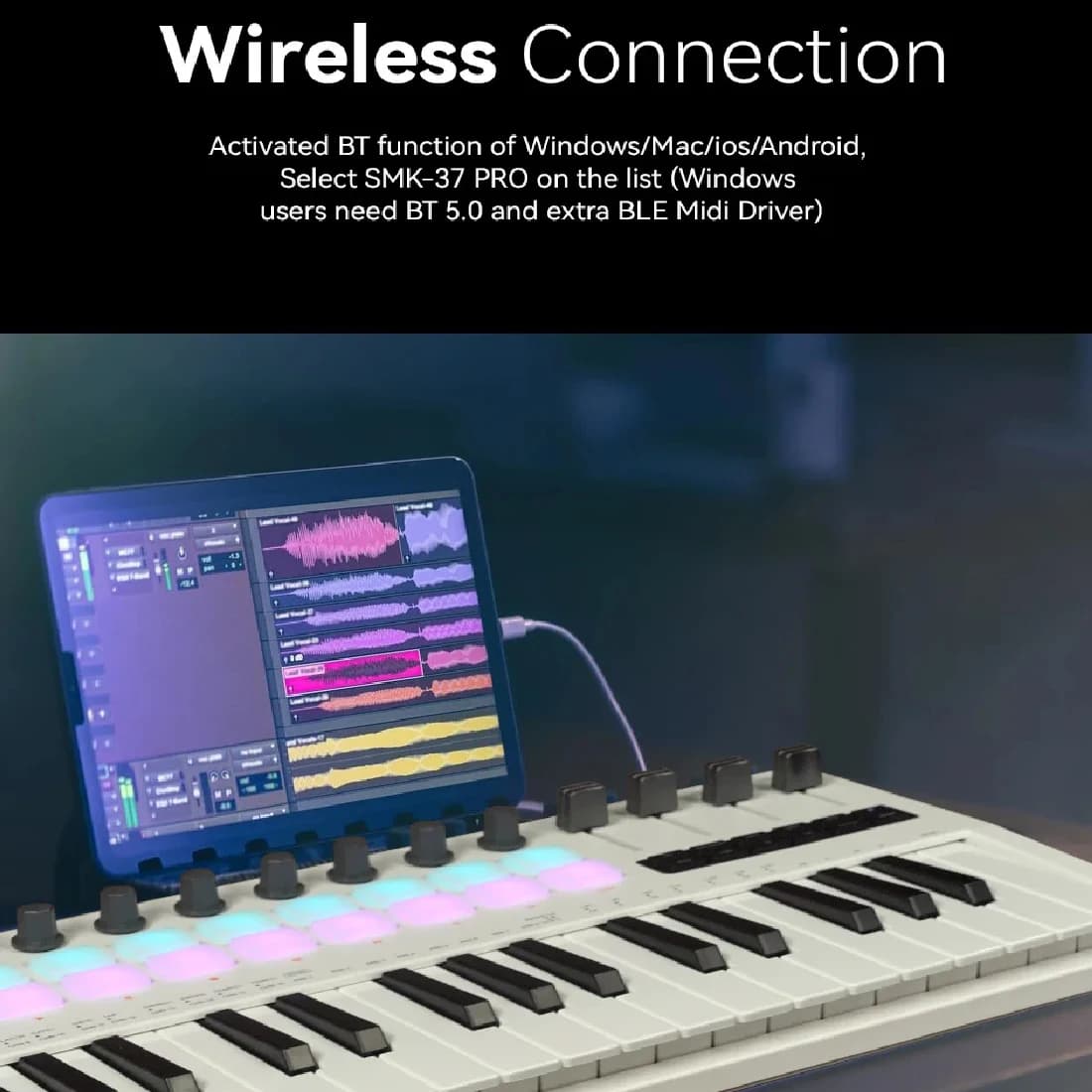 M-VAVE SMK-37 Tastiera Controller MIDI a 37 Tasti con 16 Pad RGB e 8 Manopole, Supporta Connessione Wireless a Sistemi Multipli