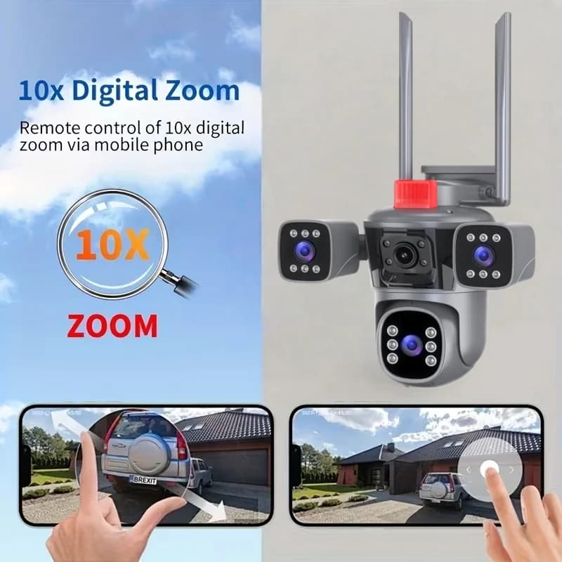Telecamera IP WiFi 4K con Schermo a Quattro Lenti da 12MP, Zoom 10x, PTZ, Tracciamento Automatico, ONVIF, Audio Bidirezionale, Videosorveglianza CCTV