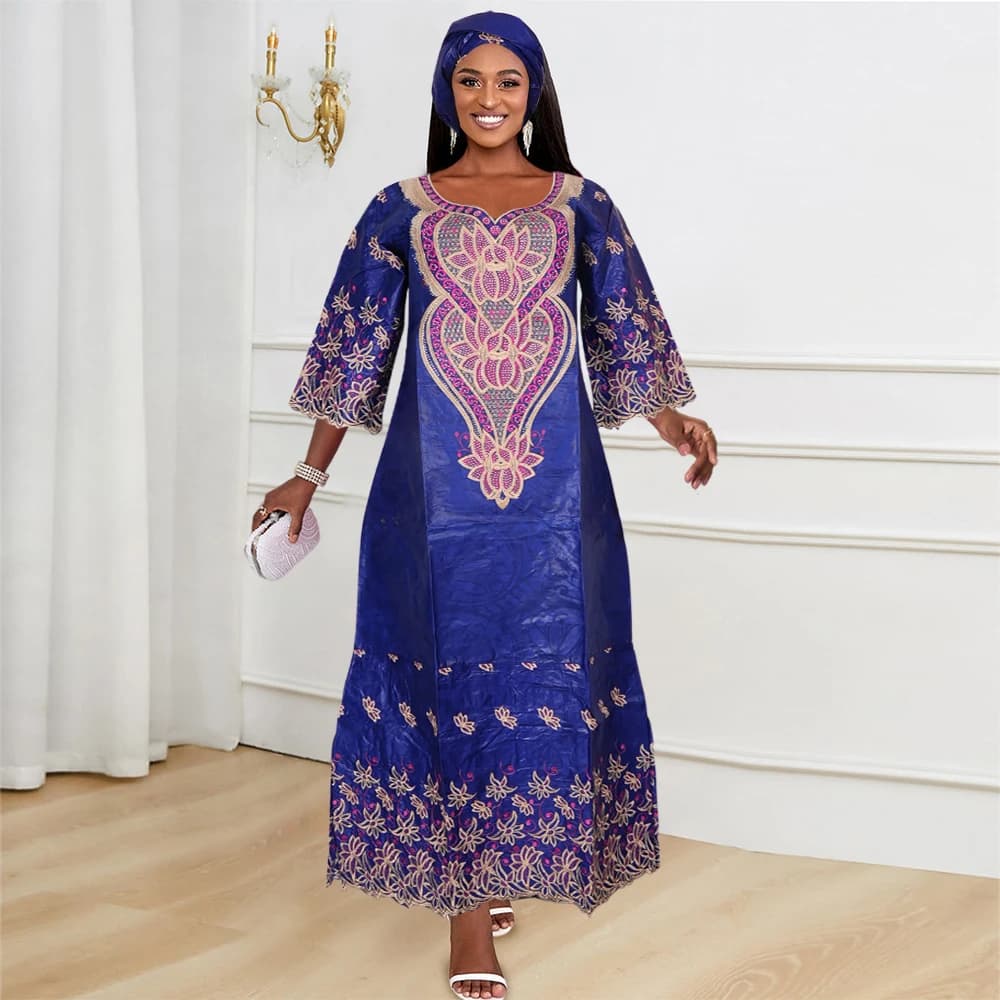 H&D African Dresses for Women Traditional Embroidery Bazin Wedding Party Dress Ankara Robes Trads Bazin African Dresses