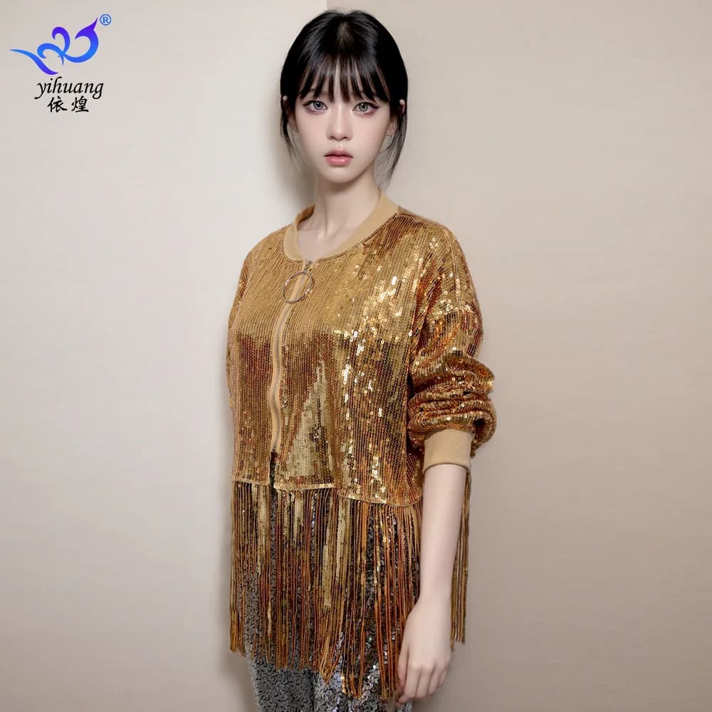 1 pc/lot woman fashion sequins dance jazz blouse lady long sleeve street dance nappa top
