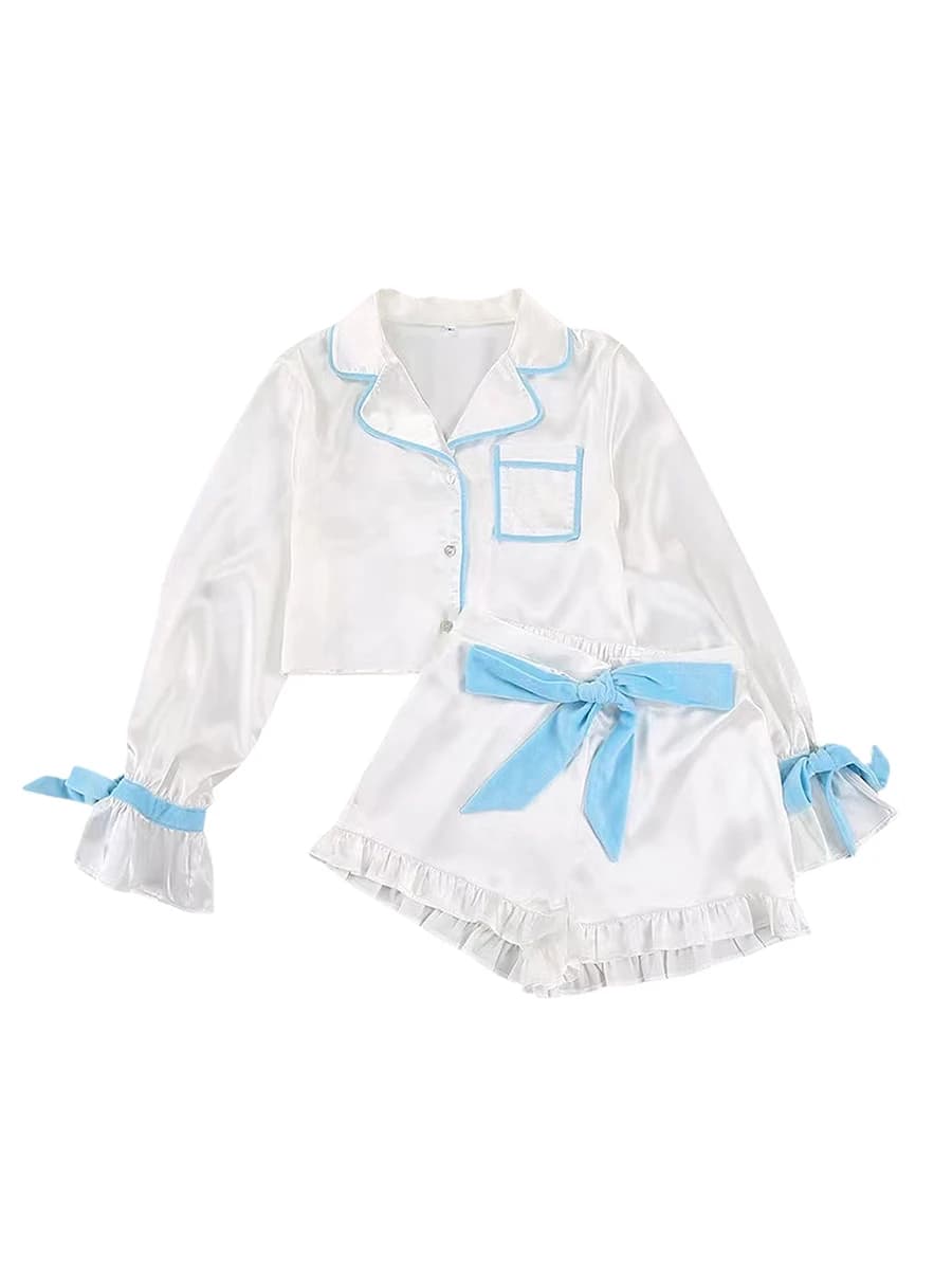 Set pigiama in raso da donna estate manica lunga abbottonata pantaloncini corti Set Loungewear