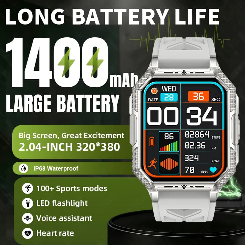 LIGE 2026 Military 1400mAh Battery Flashlight Smart Watch Outdoor Sport Fitness Clock Men 2.04 Inch BT Call Waterproof SmartBand