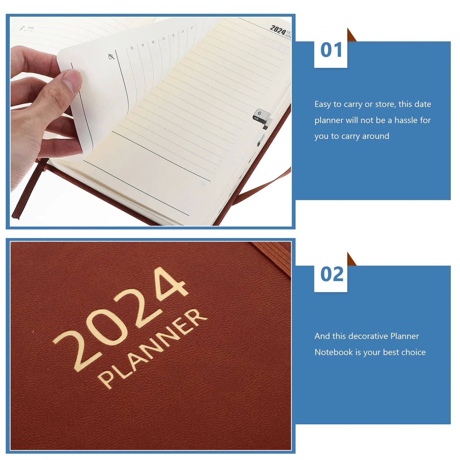 Agenda 2024 in Inglese, Quaderno A5 Marrone, Pianificatore Mensile, Blocco Note, Agenda per Scrittura, Lavoro, Viaggi, Pianificazione Orari, Taccuino Portatile