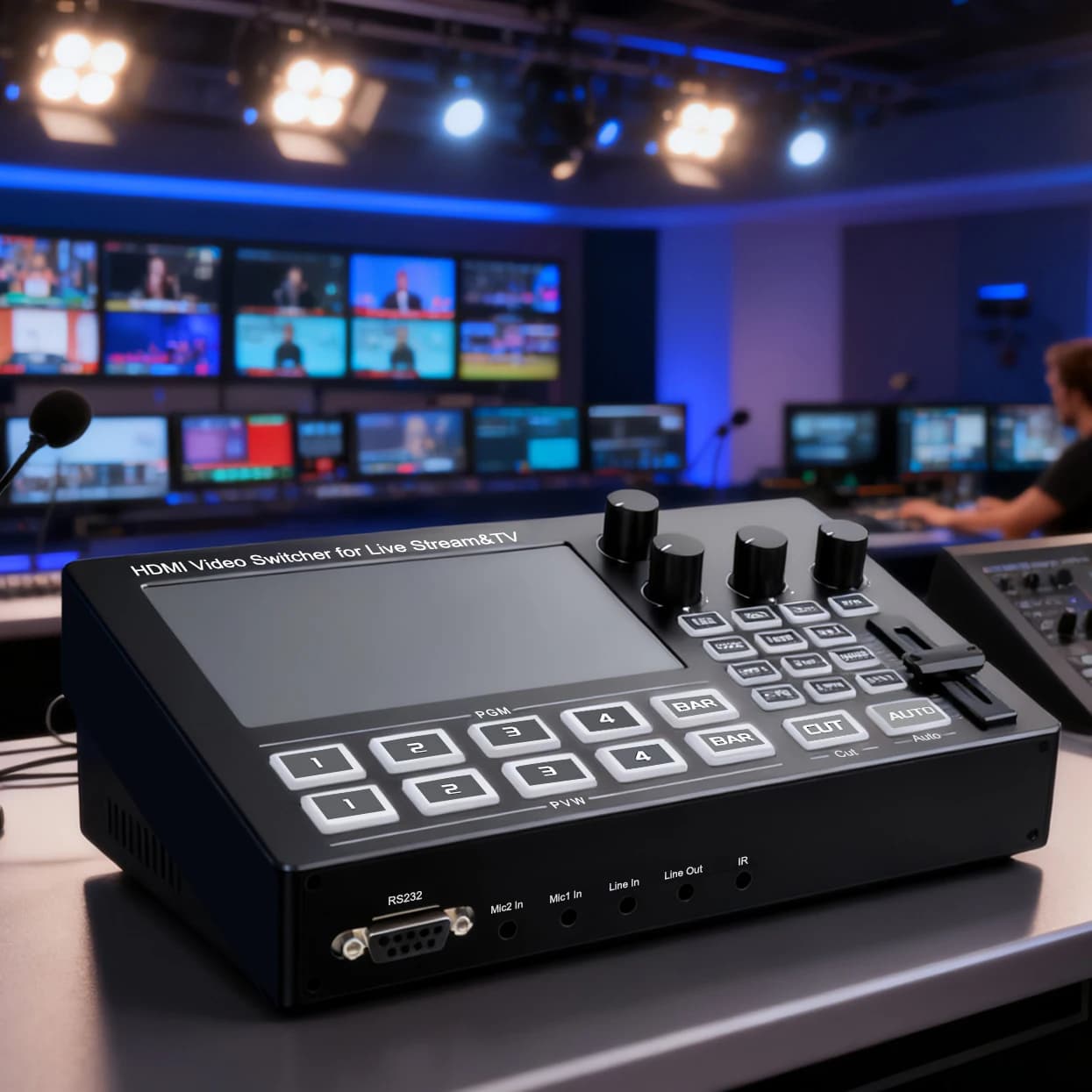 Switcher Video HDMI 1080p a 4 Porte con Schermo, Microfono, Ingresso Audio, Mixaggio e PIP per PC, Fotocamera, Streaming Live, Cattura e Registrazione Video