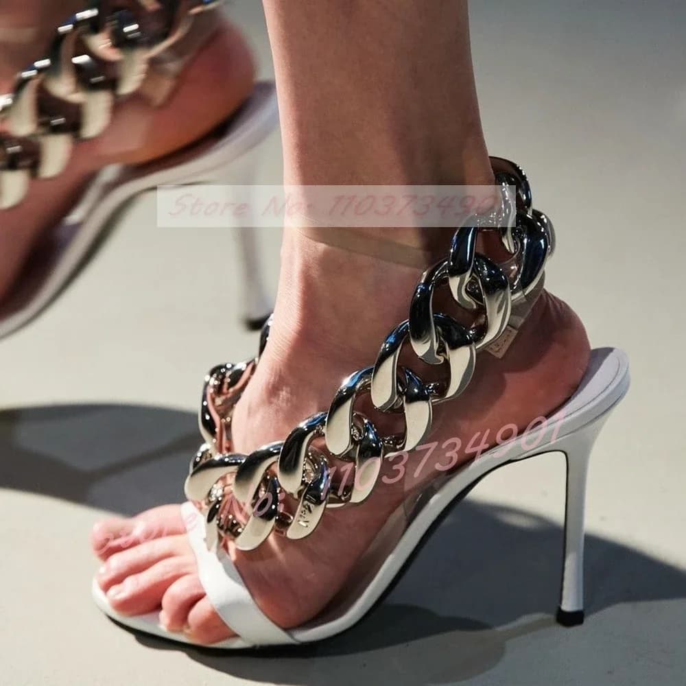Metal Chain Snake Strap Sandals Women Fashion Patent Leather Open Toe PVC Strap High Heels Shoes Female Party Sexy Punk Sandals