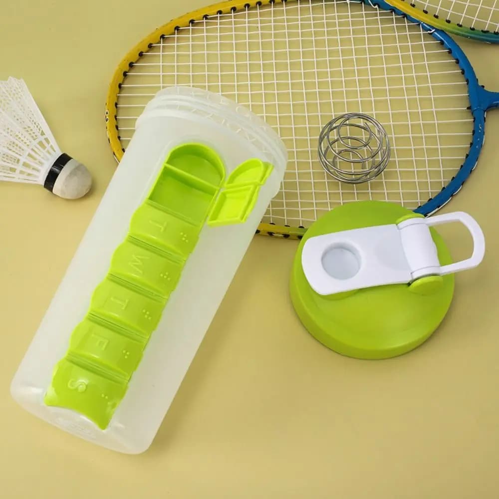 Contenitore per Medicinali con 7 Scomparti e Bottiglia d'Acqua 2 in 1, Organizzatore Giornaliero per Pillole, Portapillole Impermeabile, Borraccia Sportiva