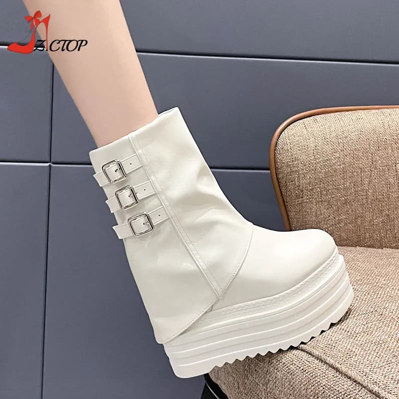 New 13cm Wedges Platform Boots Winter Fashion High Heels Ankle Boots Women Zipper Black White Thick Soled Botas
