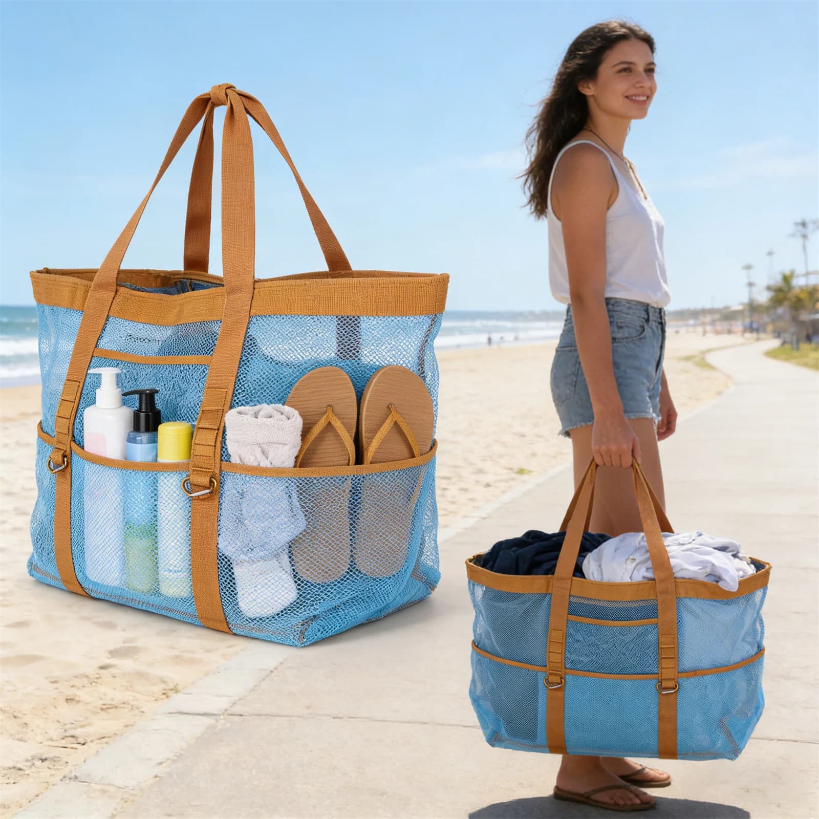 Borsa da spiaggia in rete extra large da 1 pezzo, borsa da nuoto per bambini, cestini per giocattoli da spiaggia, borsa da viaggio portatile, borsa per riporre oggetti, borsa a tracolla ad asciugatura rapida