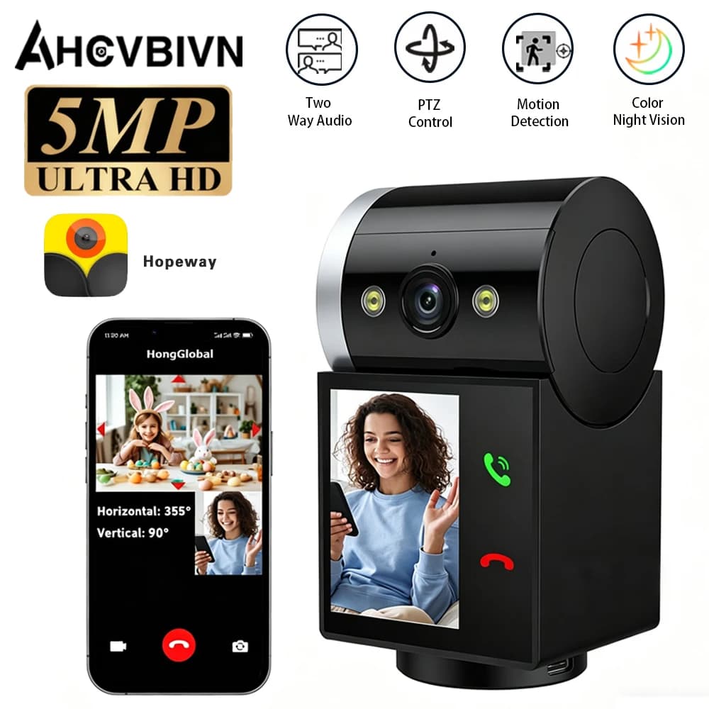 Telecamera Video per Interni 5MP con Rilevamento Umano e Animale Domestico, Display da 2,4 Pollici, PTZ 360, Chiamata One-Touch, Telecamera WiFi, Monitor per Cani, Gatti e Bambini