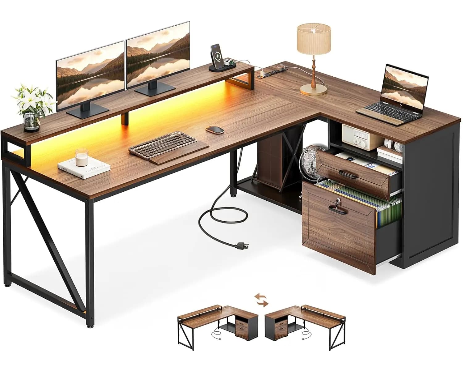 L-Directional Desk with Drawers and Document Cabinet with Lock, Current and LED Grip, Monitor and CPU Support, 61 Inch, Walnut, Customizable