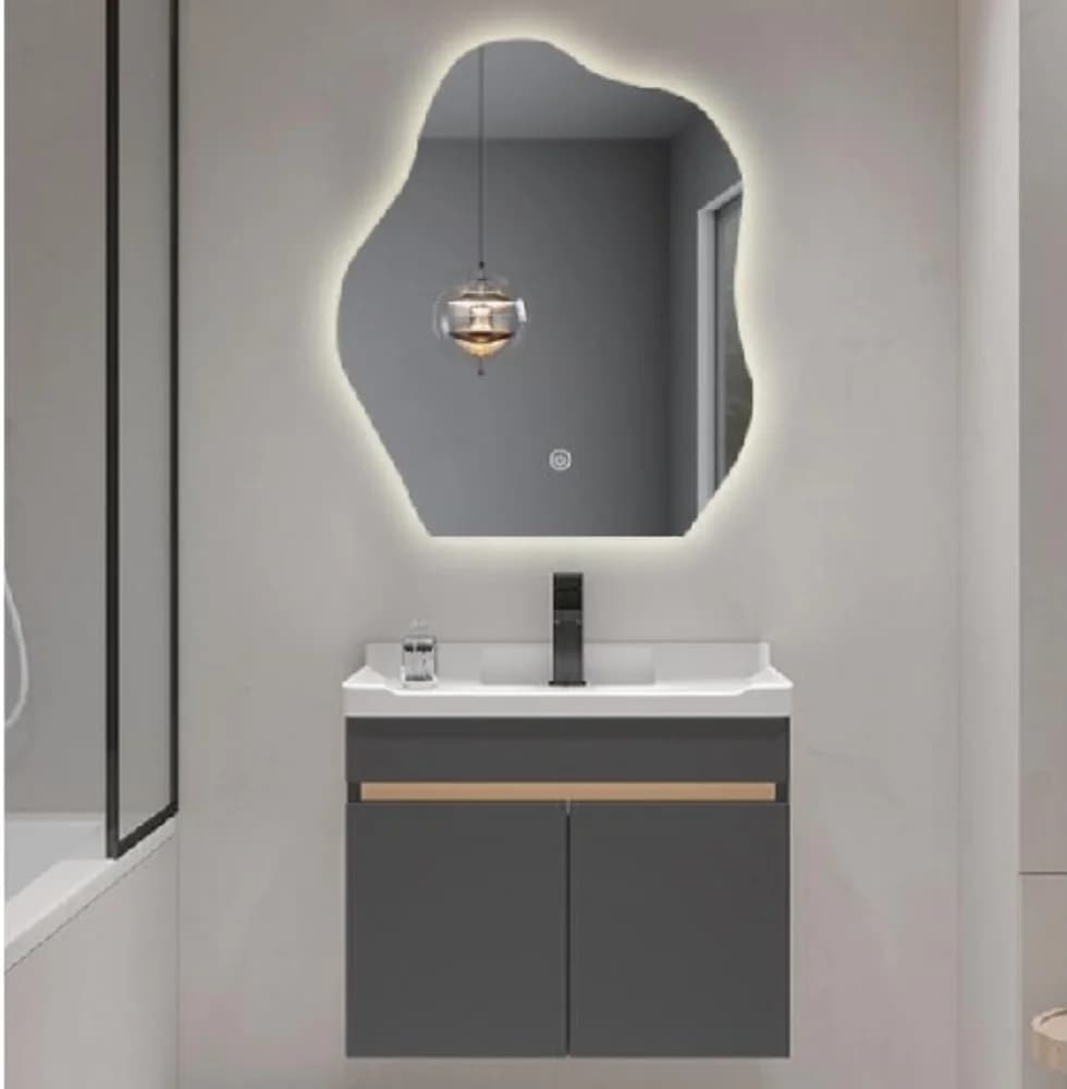 Mobile Specchio Intelligente, Mobile da Bagno Moderno a Forma di Fiore in Legno, Montaggio a Parete con Lavabo in Ceramica per Appartamenti