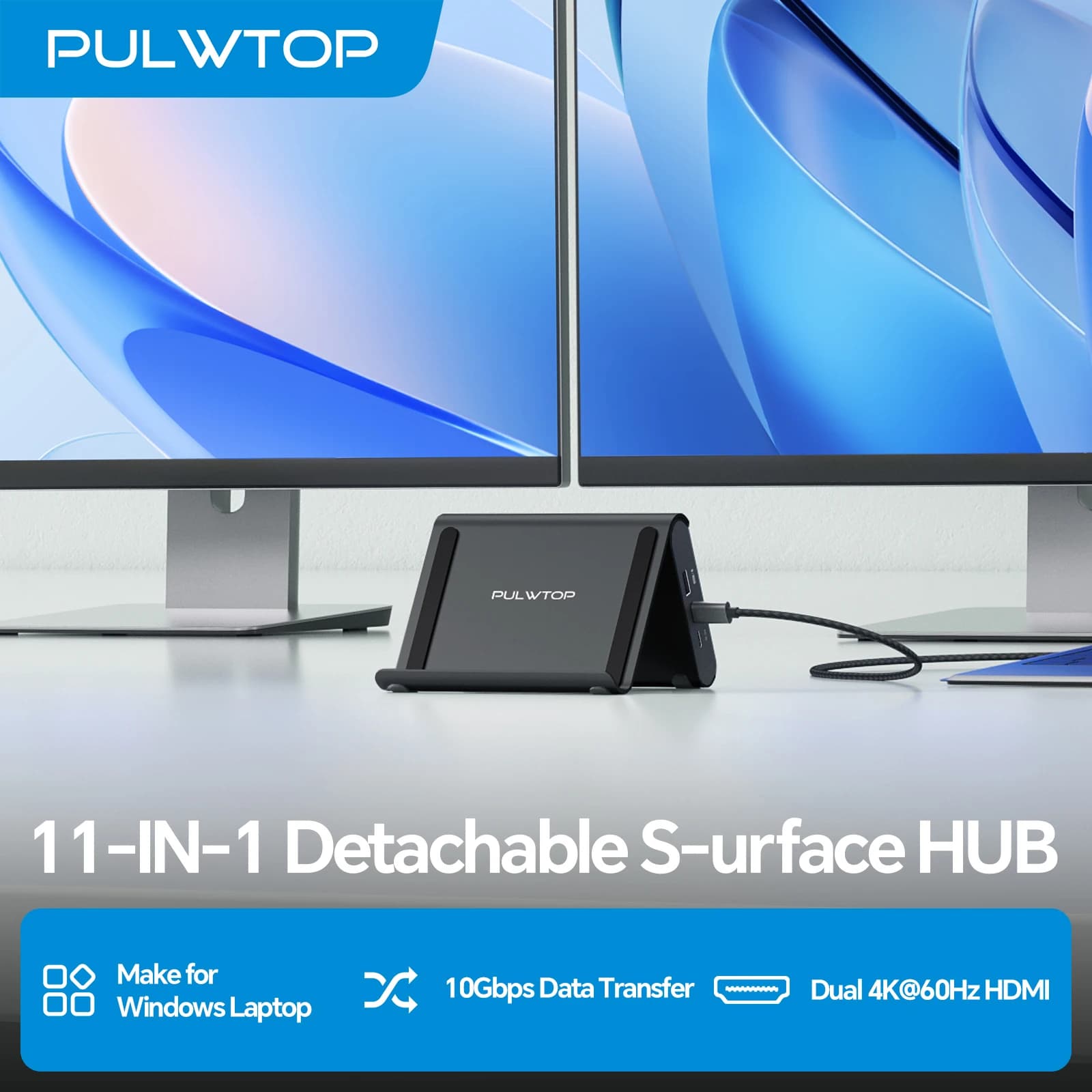 PULWTOP 10-in-1 USB C Hub with 2X 4K@60Hz HDMI, USB-C/A 10Gbps, USB-A 5Gbps, Vertical Stand for Surface Pro & Windows Laptops