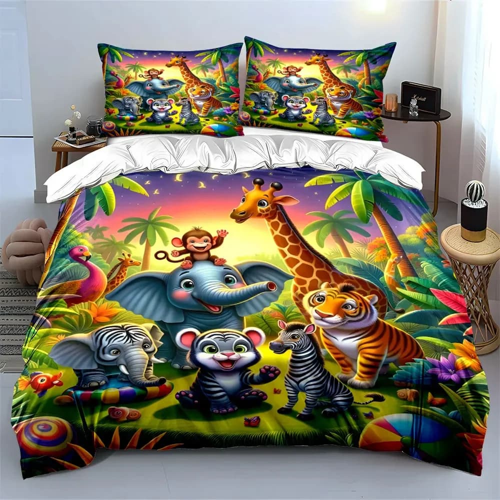 Set Decorativo Safari Animali - Set Biancheria da Letto con 1 Copripiumino e 2 Federe, Singolo, Matrimoniale, King, Queen, Idea Regalo