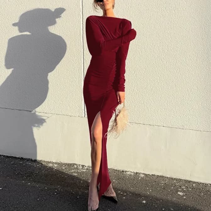 Women's Long Dress Spring Autumn with Skulls Discovered, Sexy Dress Fitted with Spacco and Long Sleeves, Design Plissettato