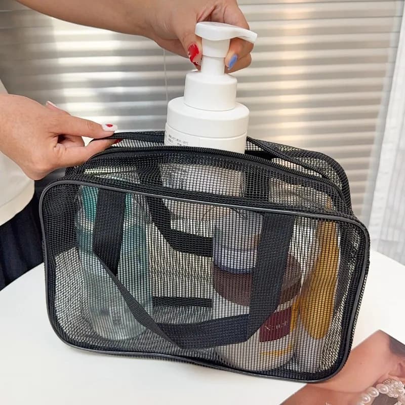 Borsa da viaggio nera in rete per cosmetici, con cerniera, portatile per donna, beauty case, organizer per trucchi, custodia portatile