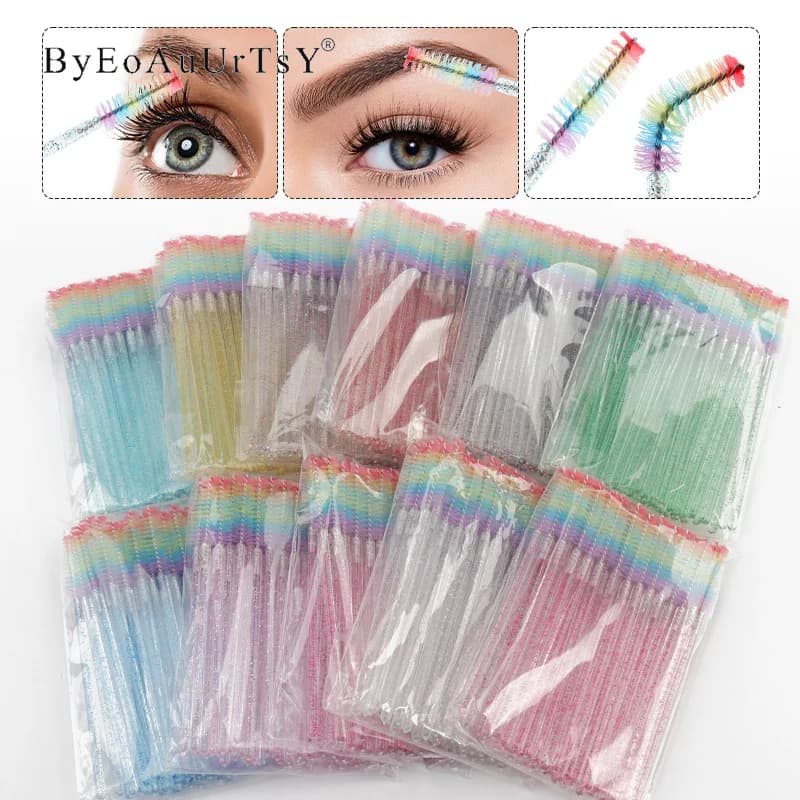 50 pcs Use And Drop Brush For Eyebrow Crystal Extension Eyelash Brushes for Makeup Mascara Stick Appliable Eyebrow Combo Rainbow Microbrush