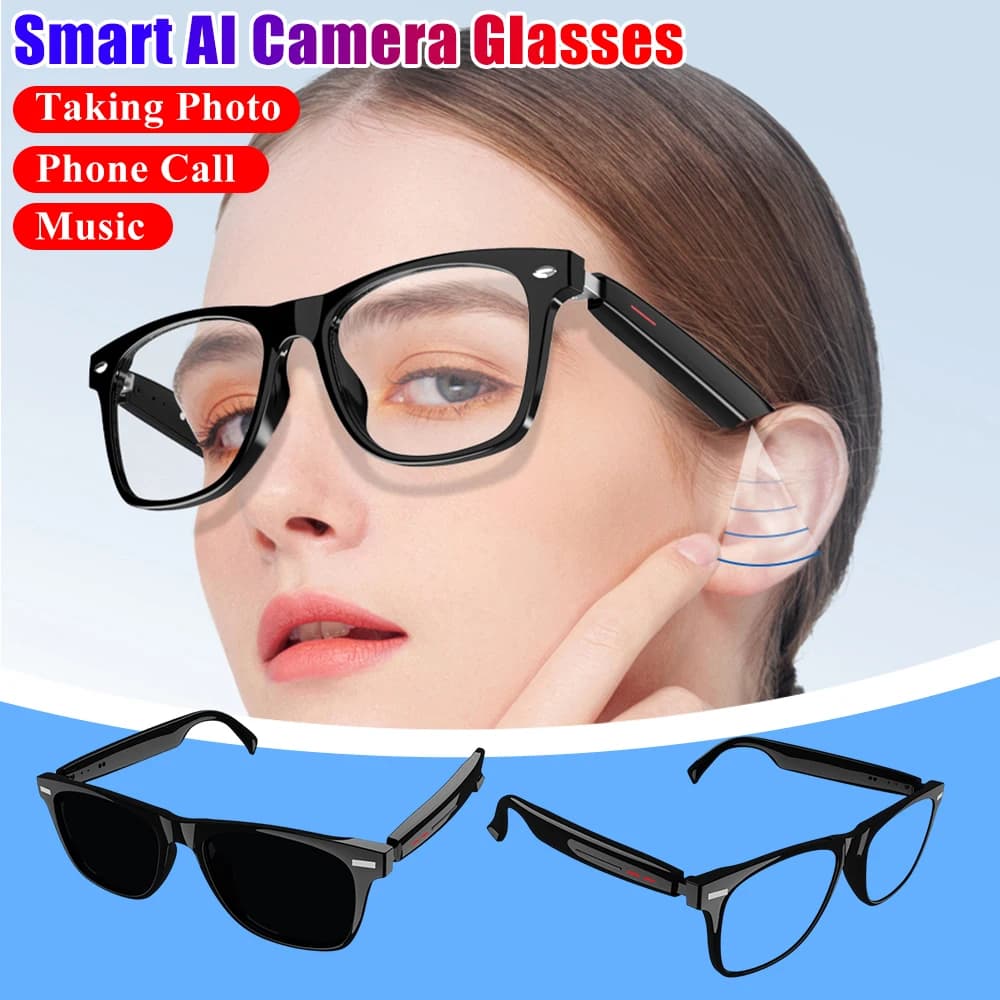 Intelligent Glasses with AI Vocal Assistant, Bluetooth Camera, Telephone Calls, Music, Sports Sunglasses with Audio