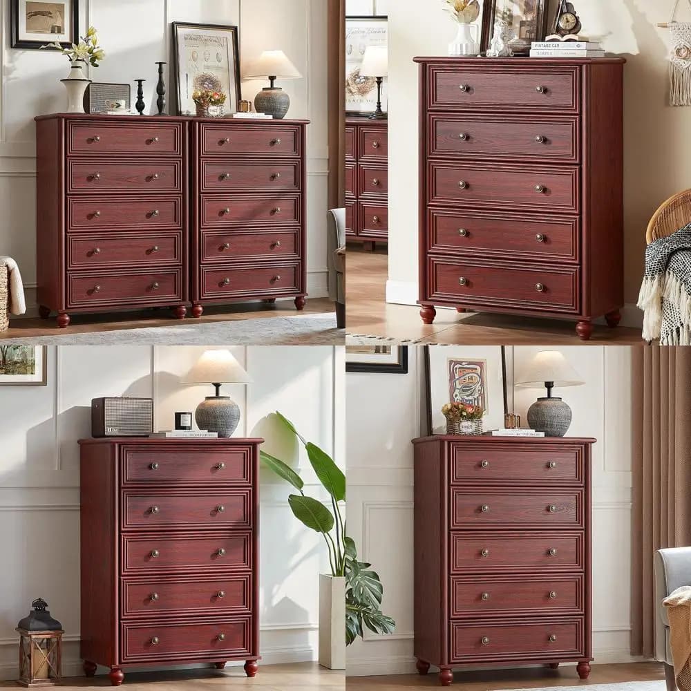Cassettiera in Legno a 5 Cassetti, 114 cm di Altezza, Organizzatore Rustico per Bambini con Maniglie in Metallo per Armadi, Soggiorni e Corridoi