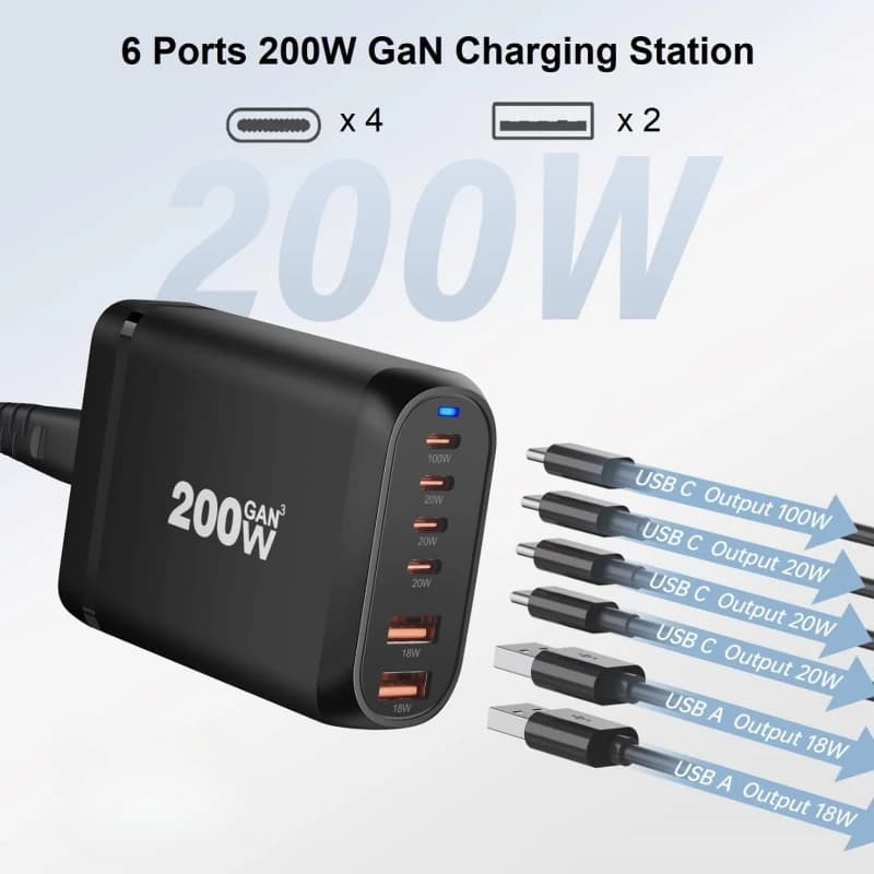 Caricabatterie rapido GaN PD QC da 200W a 6 porte, adatto per Apple iPhone, Samsung Pixel, laptop da 65W, MacBook Pro, Air, Surface
