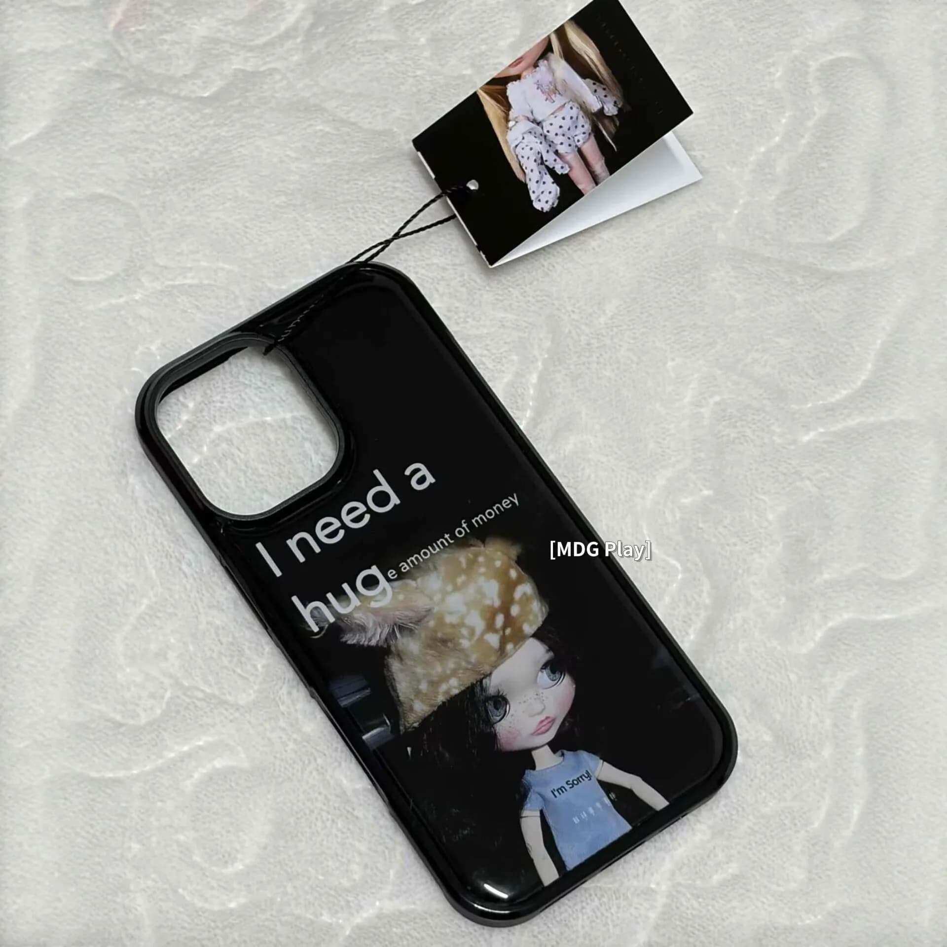 Korean Ins Cute Headscarf Doll Black Border Drip Glue Phone Case For iPhone 17 Air 16 Pro Max 15 14 Plus 13 12 11 Back Cover