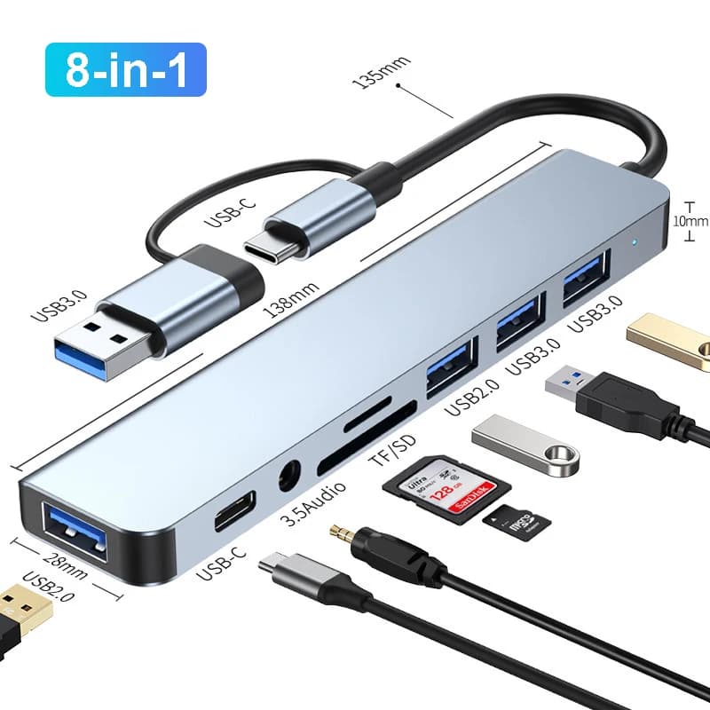 HUB USB 8IN-2 3.0 HUB USB C Dock Station Trasmissione ad alta velocità da 5 Gbps Splitter USB Tipo C a USB OTG Adattatore per MacBook Pro