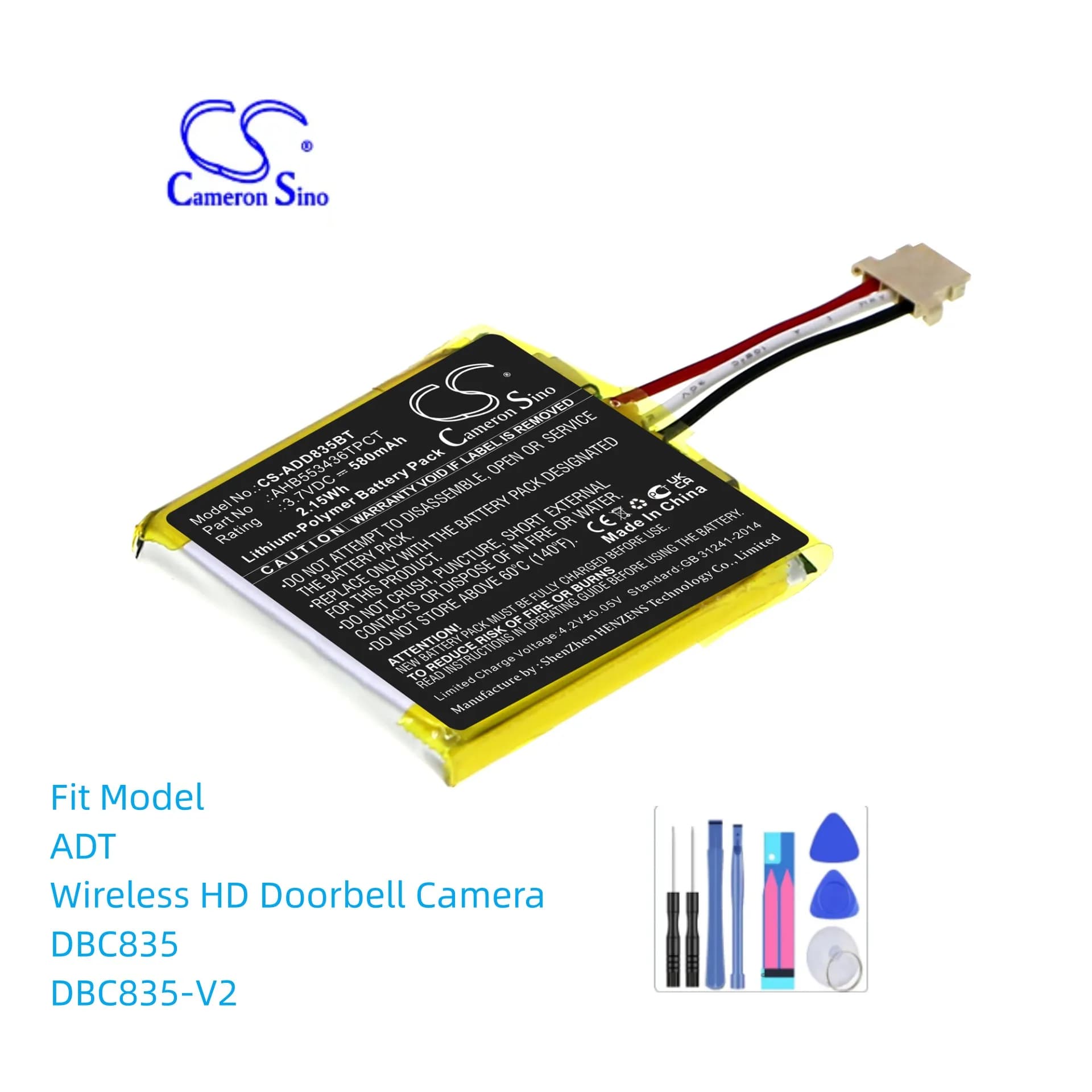 Batteria per telecamera di sicurezza domestica per ADT:AHB553436TPCT, telecamera per campanello HD wireless, DBC835-V2, - 580 mAh / 2,15 Wh - Polimeri di litio - 3,70 V